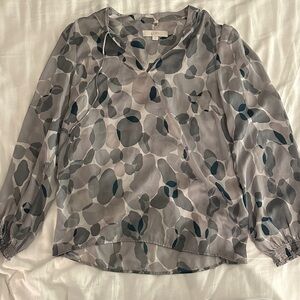 LOFT Gray and Blue Patterned Blouse